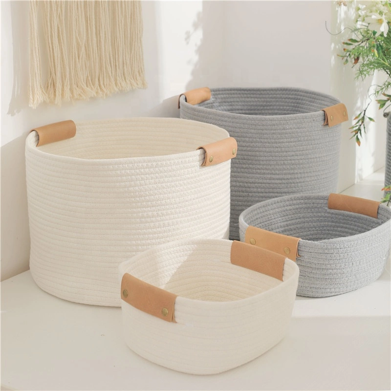 Large Gray White Woven Laundry Round Storage Cotton Rope Basket