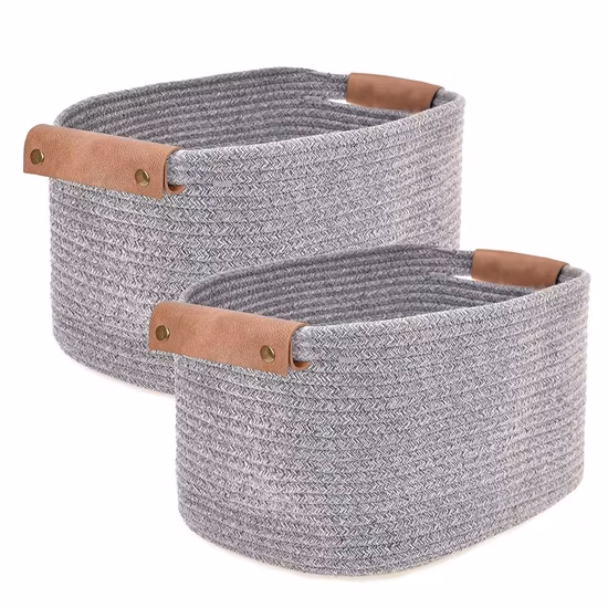 Cesta redonda grande de cuerda de algodón para almacenamiento de ropa sucia tejida en blanco y gris